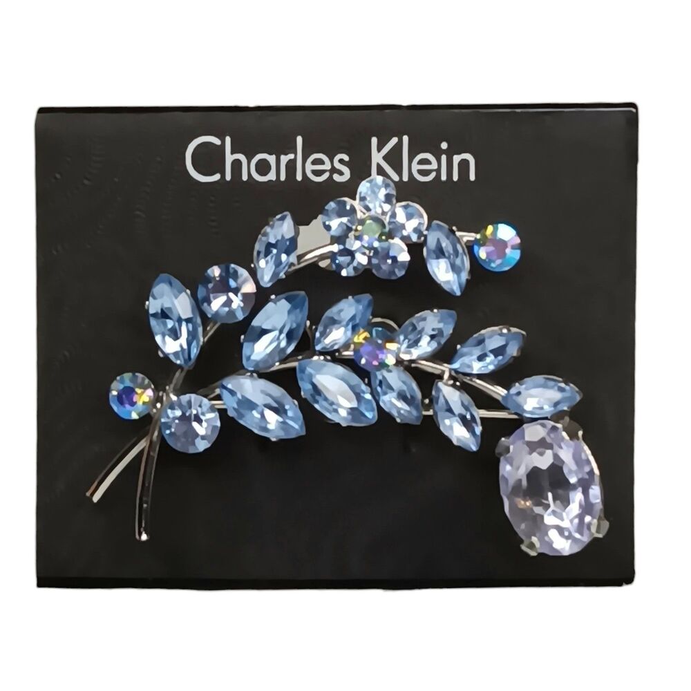VTG Blue & Purple Rhinestone Leaf &  Flower Brooch Silvertone By Charles Klein